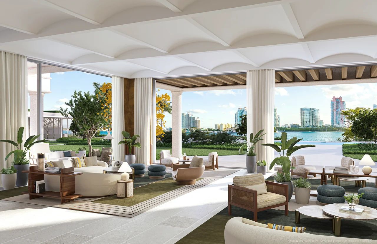 Exclusive Lounge in Six Fisher Island Condo with Miami Beach Ocean View