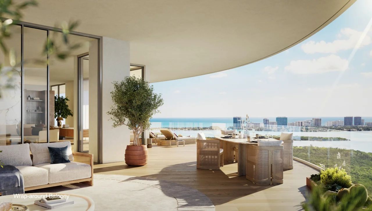 Breathtaking Panoramic Balcony View from One Park Tower, Overlooking the Serene Biscayne Bay and Vibrant Miami Skyline, Set Within the Exclusive SoLé Mia Enclave