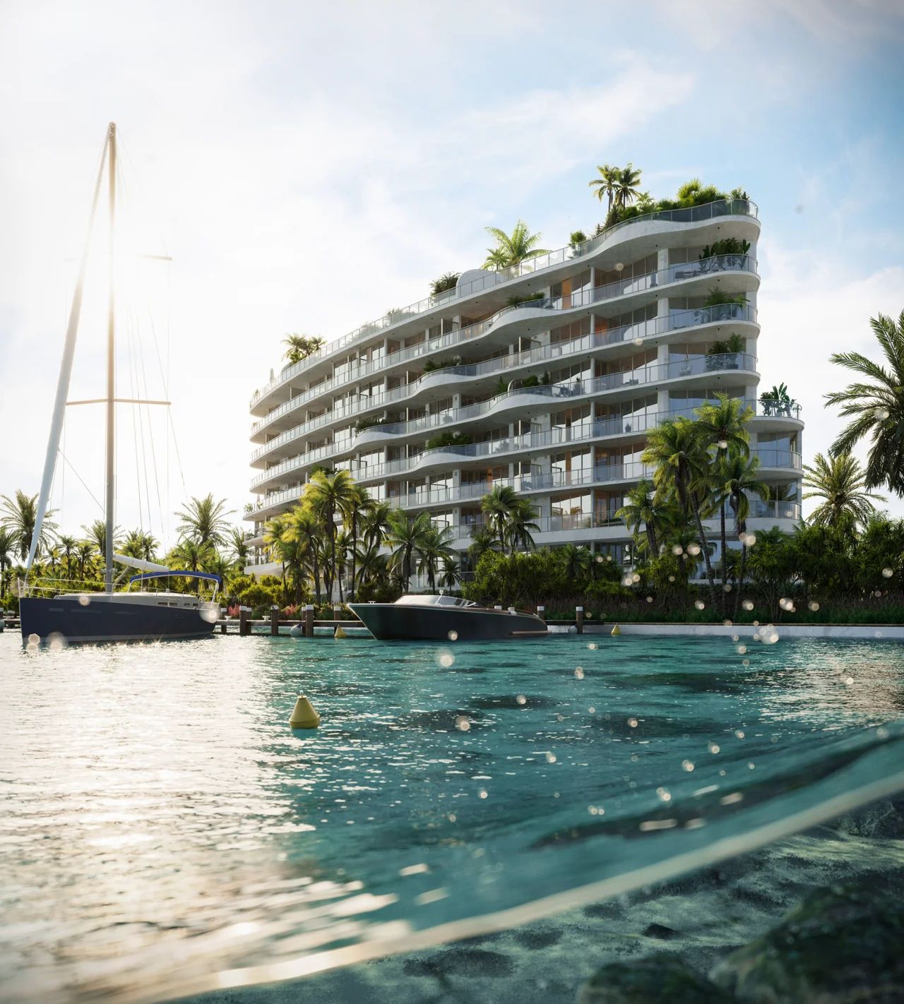 Exterior View of Onda Residences at 1135 103rd Street, Bay Harbor Islands, Showcasing its Modern Architecture and Waterfront Marina