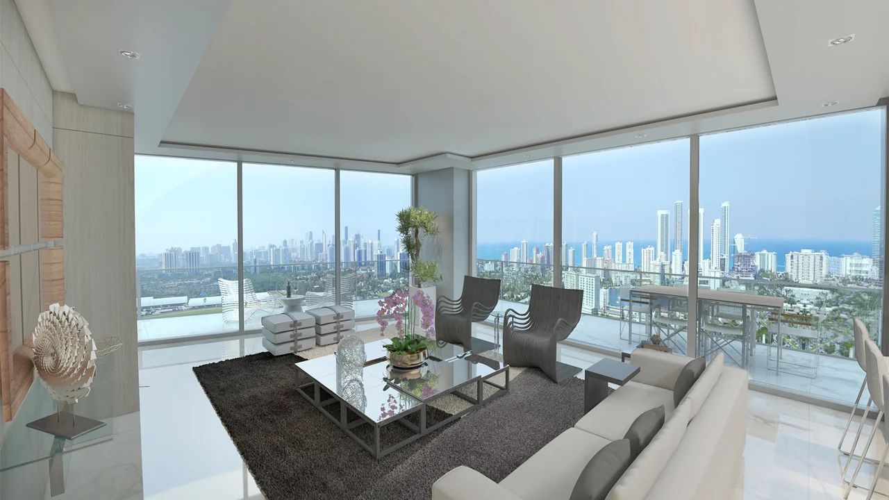 Luxurious Living Room with Floor-to-Ceiling Windows Offering Panoramic Views of Hallandale Beach Skyline and Ocean at Oasis Hallandale
