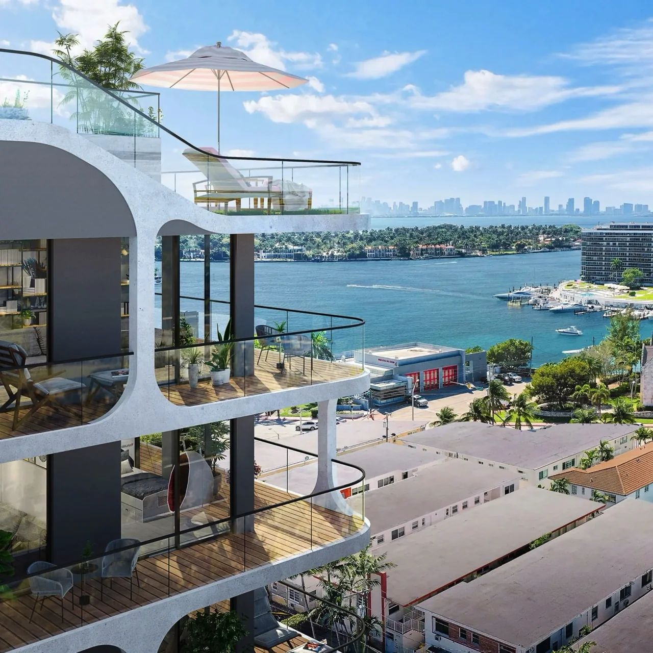 Вид на залив и город с балкона резиденции Элла в Майами-Бич