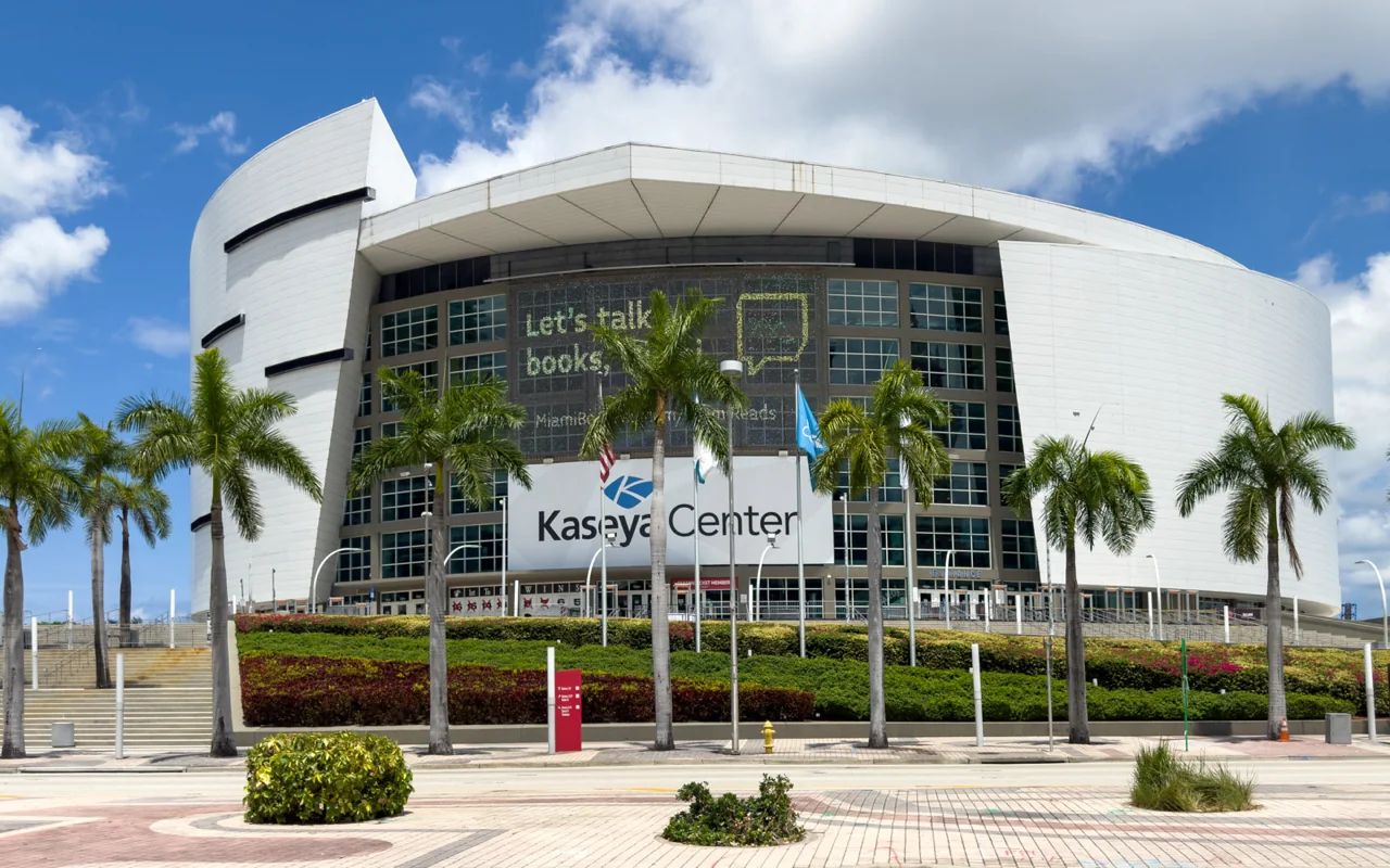 Kaseya Center, the Multipurpose Arena and Home of the Miami Heat, With Large Banners and Palm Trees