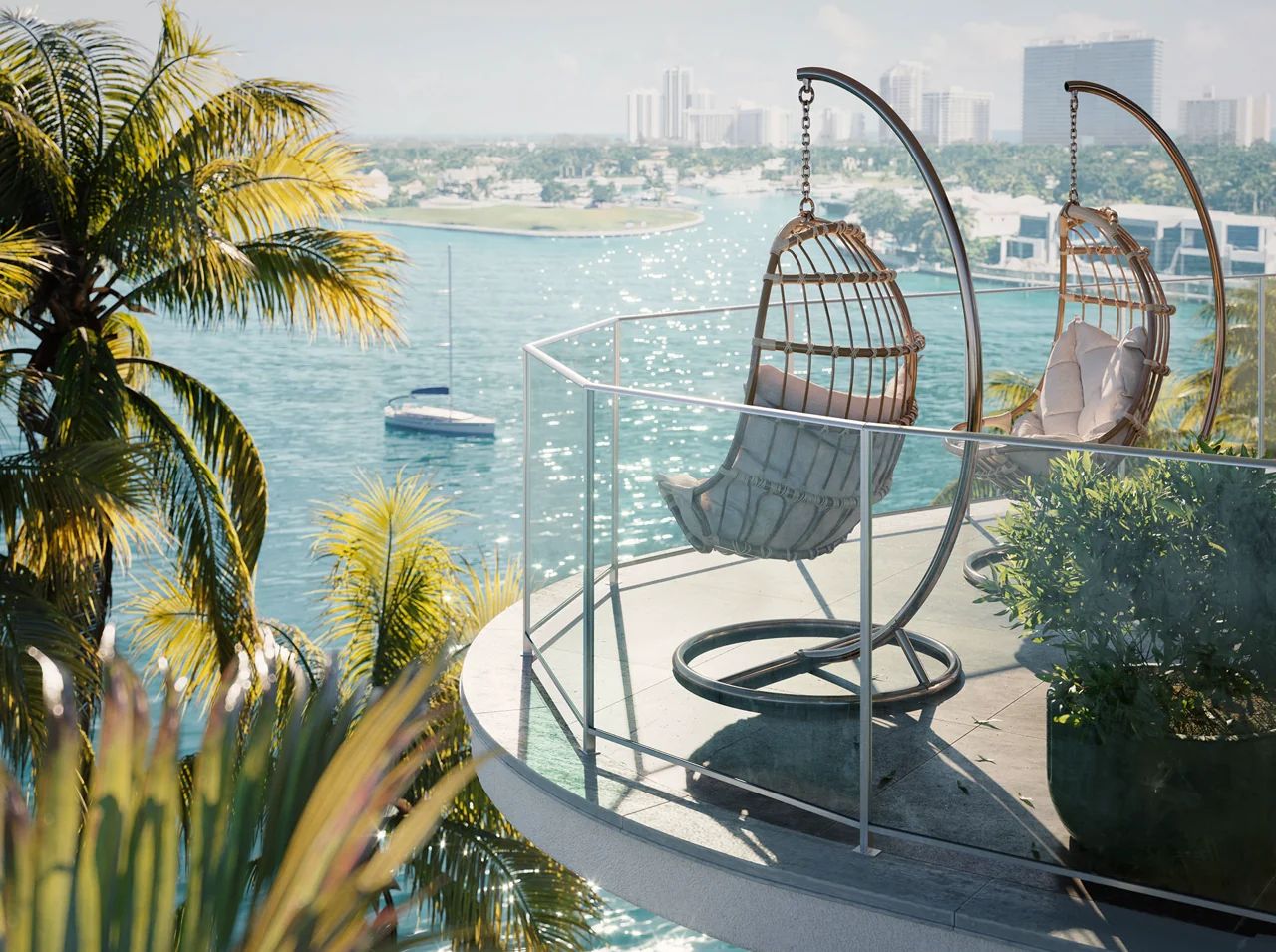 Spacious Balcony at Onda Residences with Luxurious Outdoor Furniture and a Stunning View of Bay Harbor Islands Waterfront
