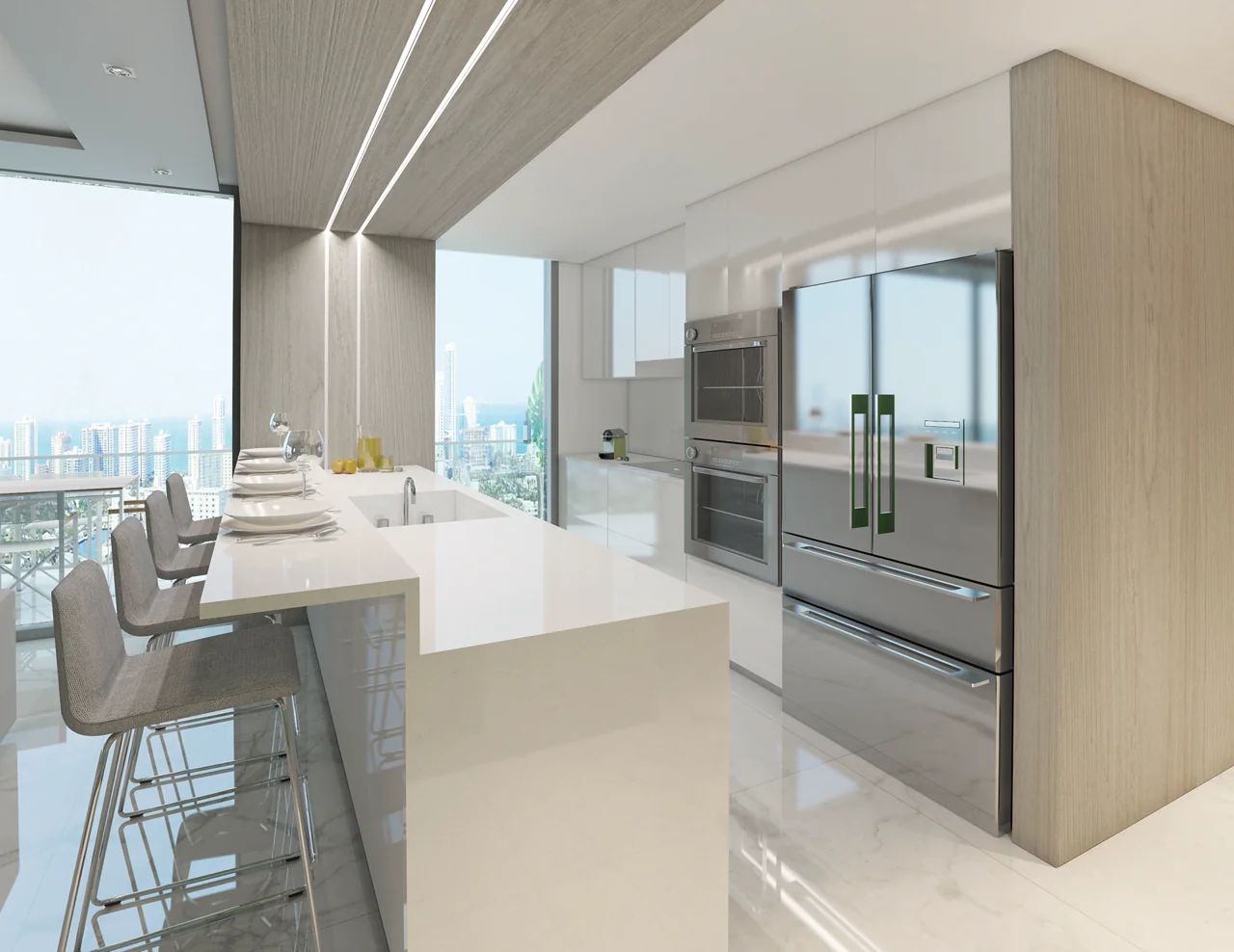 绿洲哈兰代尔高端住宅的现代厨房，配有意大利进口橱柜和高级台面