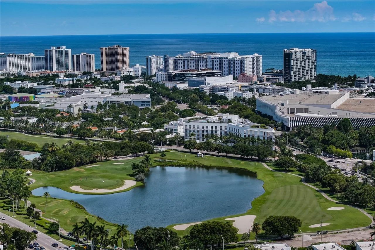 Aerial View of The Meridian Luxury Condos Near Miami Beach Golf Course with Ocean Backdrop