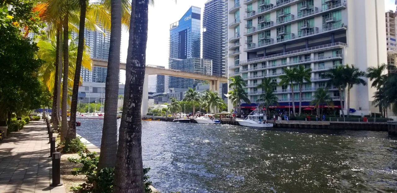 Street-Level Perspective of Miami River's Lush Riverside Walkways With Moored Boats and Local Businesses, Emphasizing the Community's Leisure and Retail Experiences