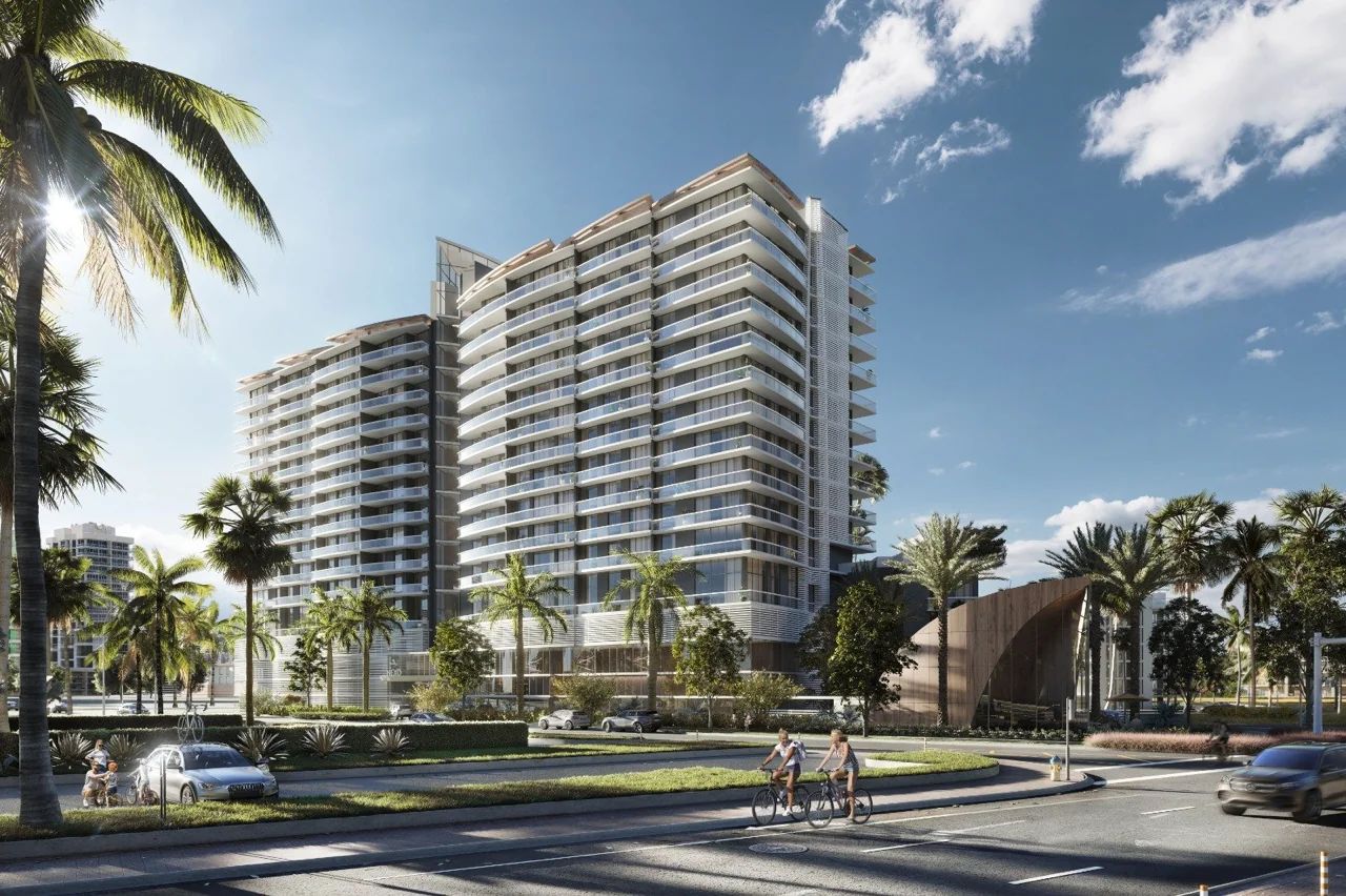 Arquitectura Moderna de Nexo Residences en North Miami Beach con Balcones Espaciosos y Barandas de Vidrio