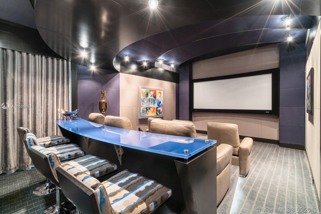 Home Theatre with stadium style recliners and built-in bar & full beverage center