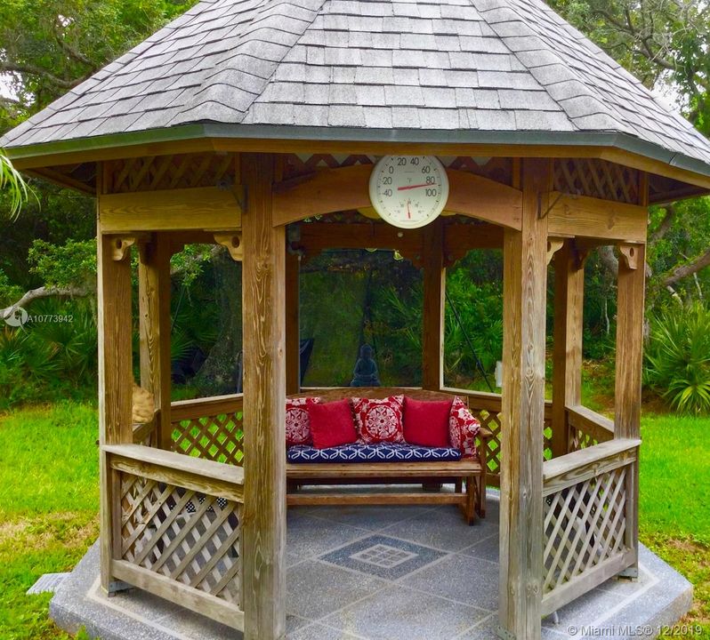 Looking out of dining room window at gazebo