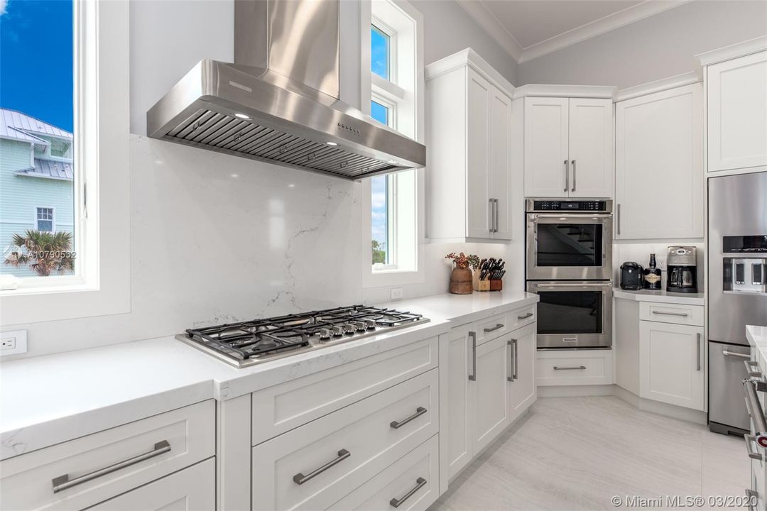 Thermadore gas range with commercial stainless hood.