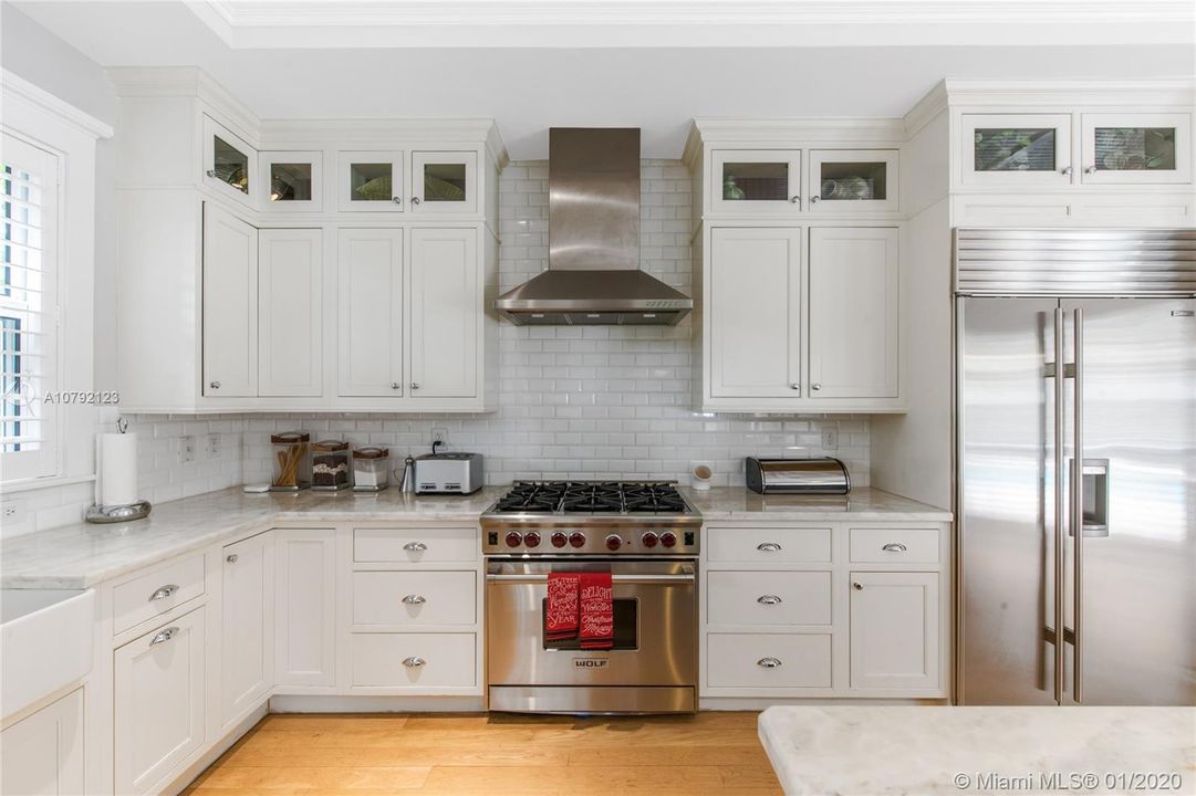 High-end appliances, including Subzero appliances and Wolf brand stove & oven.