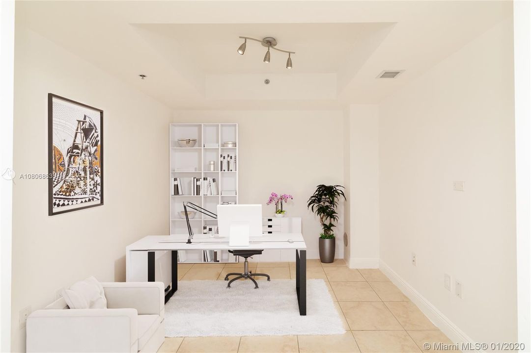 This Virtually Staged Photo shows the space and potential options for usage of the den area on the first floor