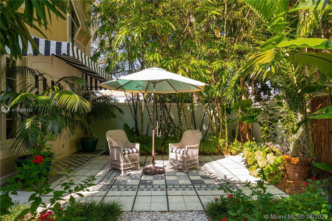 Serene patio with fountain off the formal living room