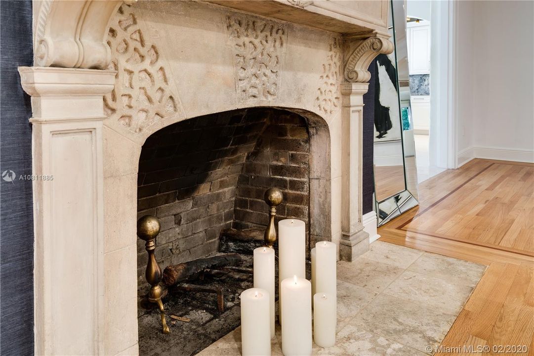 Wood-burning fireplace with stone details