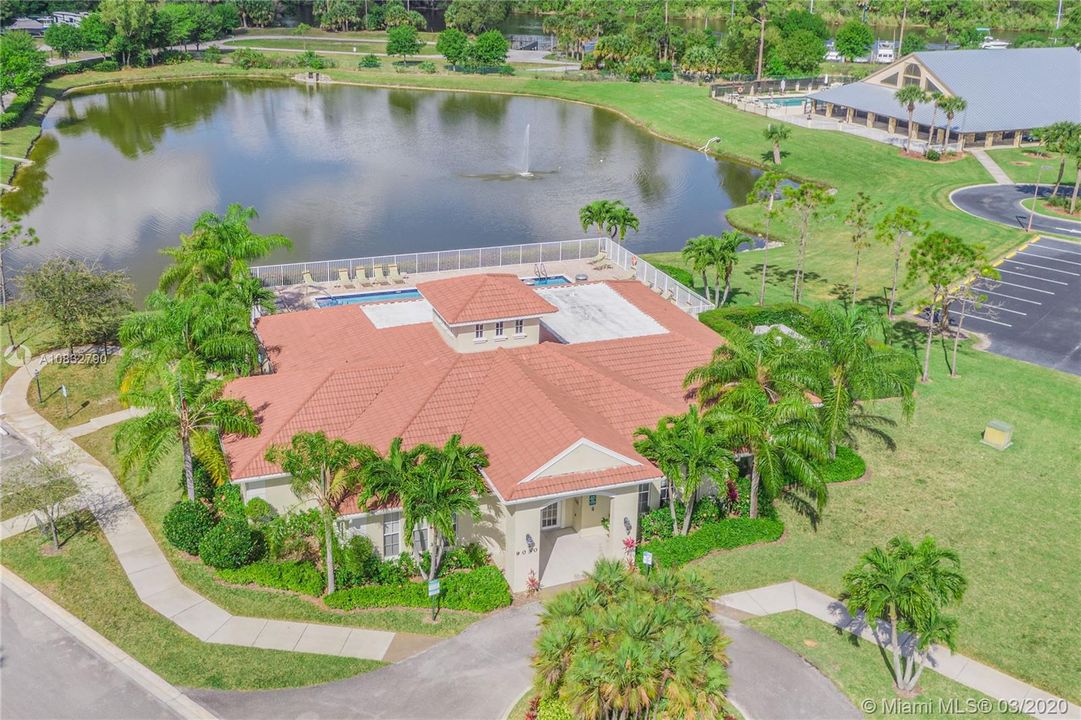 Ariel shot of clubhouse, lake, Saint Lucie River Waterway/Locks