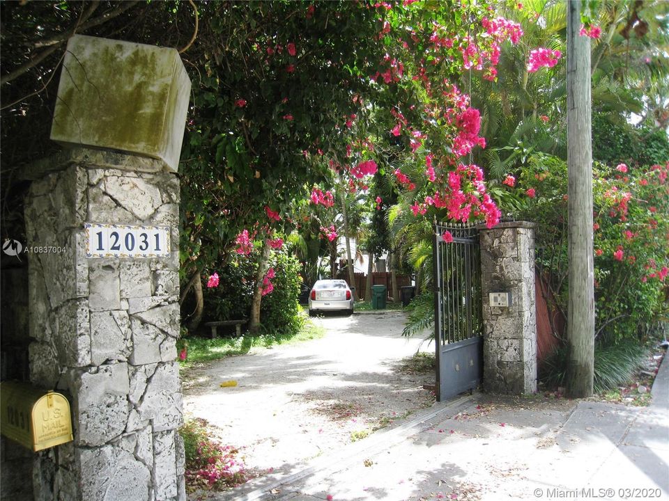 Gorgeous Bouganvillea lines the front gate entry