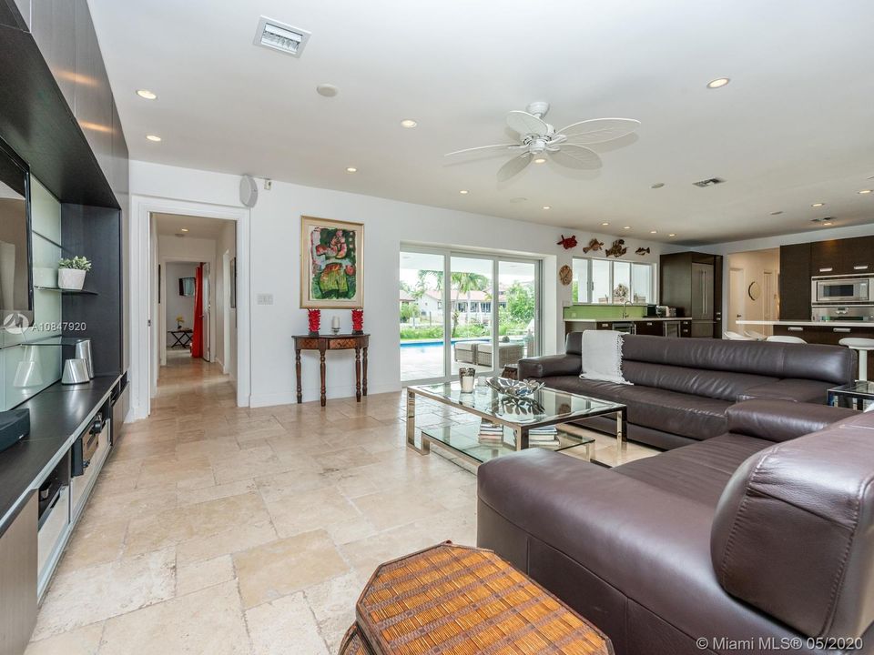 Open living area with built in media console