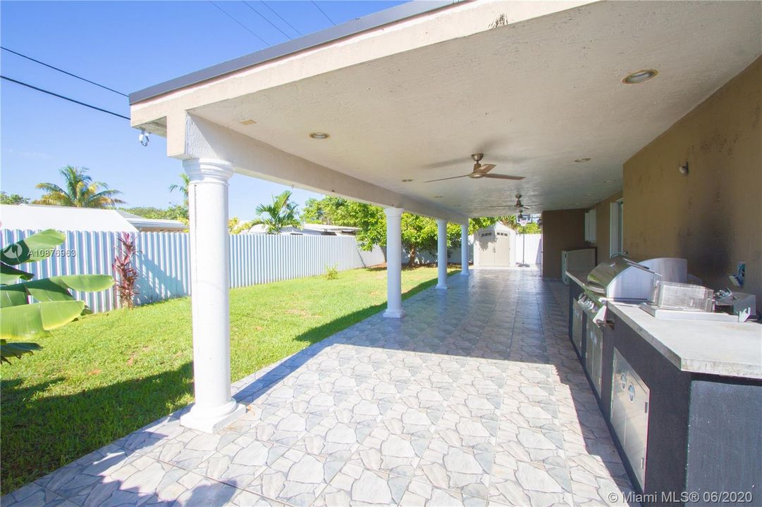 Fenced in yard, covered patio and food station!