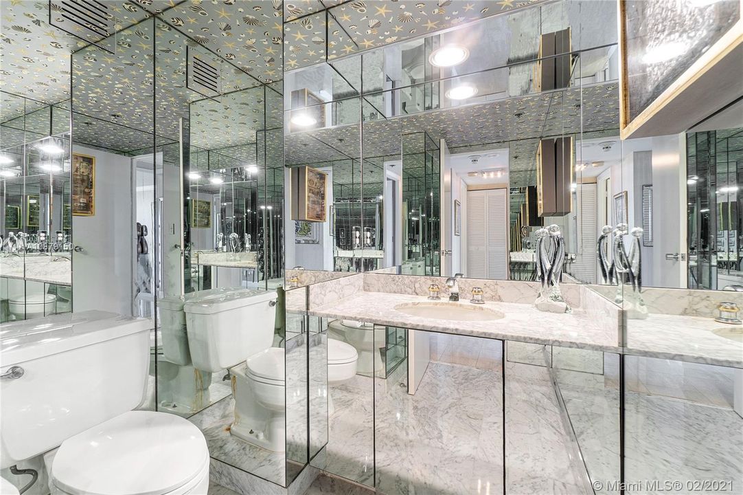 This is Half Bath - Obviously all of these mirrors obfuscate the actual dimensions (approximately 6' x 8')