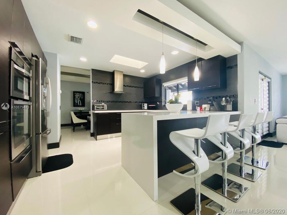 Open kitchen with skylight.