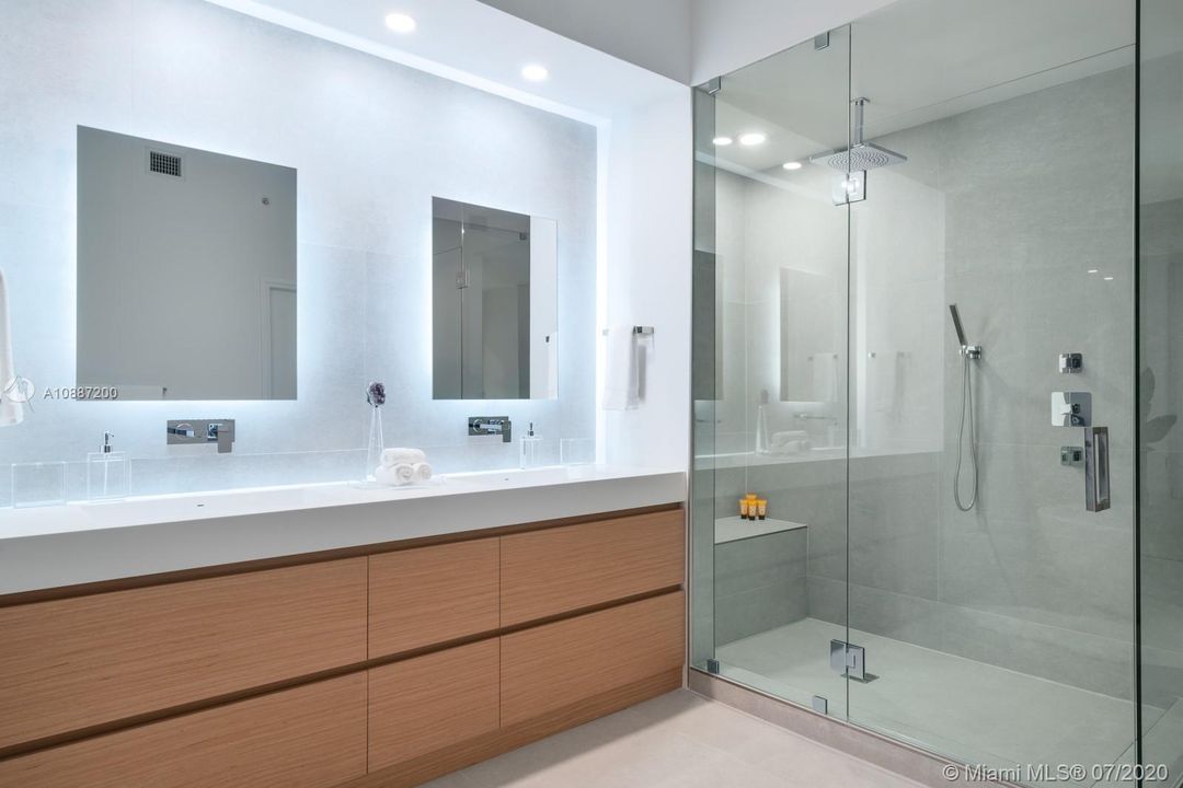 Master bathroom double vanity and walk-in rain shower