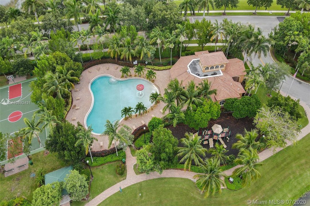 Arial view of pool and playground.