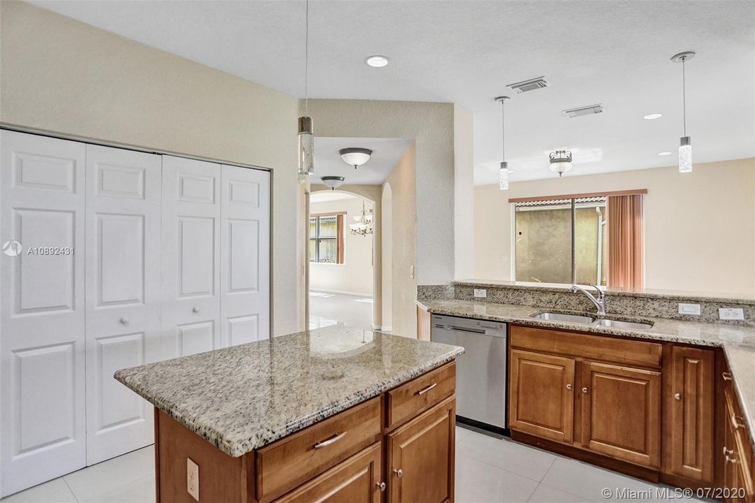 View from kitchen into living and family room.