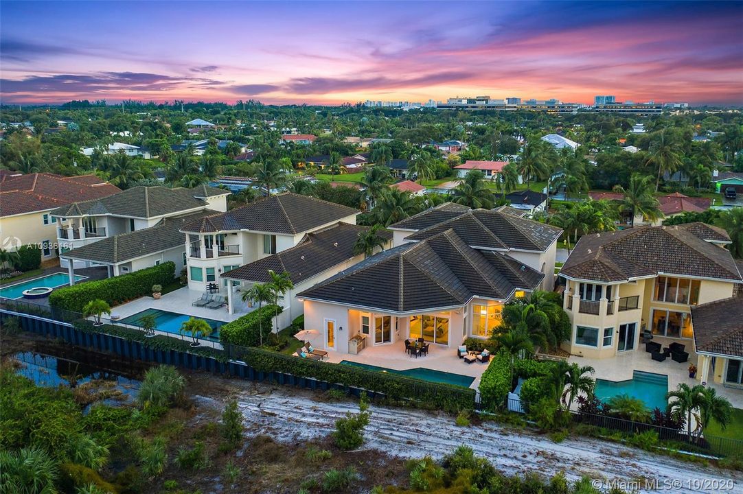 Aerial back shot at twilight