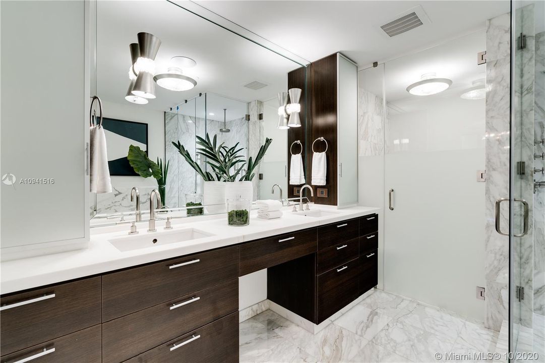 Primary bathroom with sleek double vanity