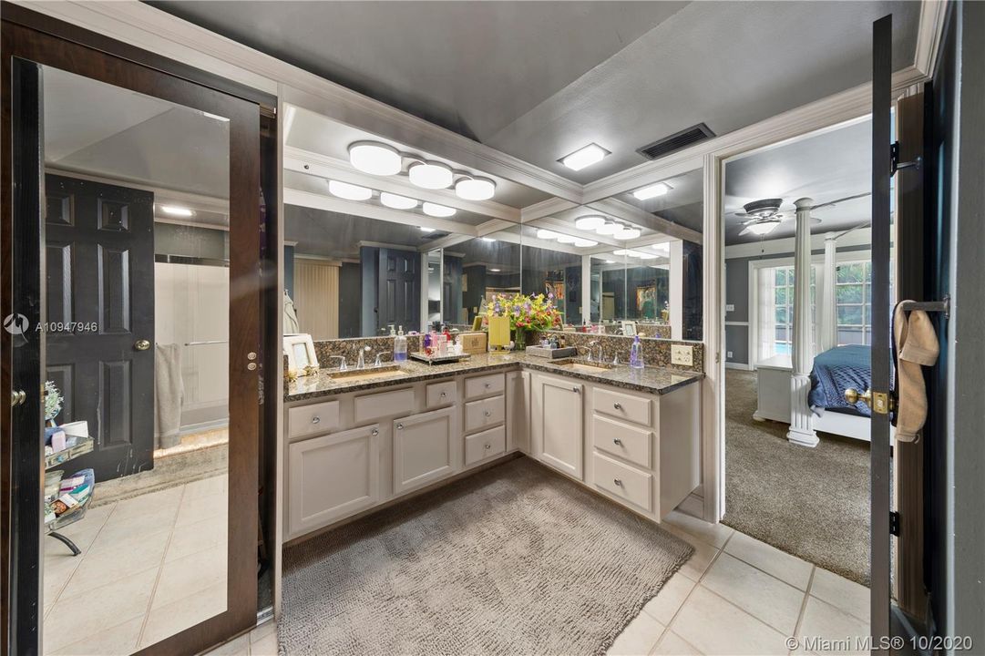 MAINE SUITE BATH ROOM W/ DOUBLE SINKS, 3 CLOSETS, HUGE TUB/SHOWER, WITH SKYLIGHTS AND CUSTOM UNDER CABINET LIGHTING.