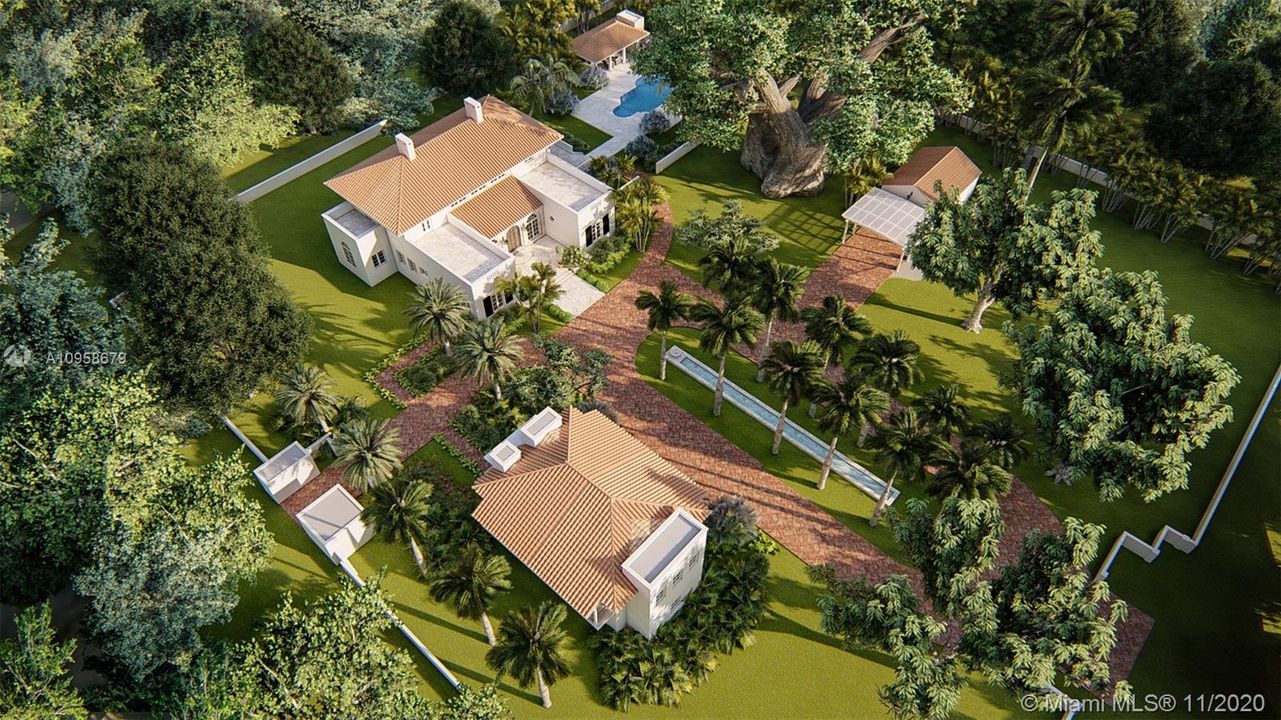 Aerial showing actual house, but renderings of pool house and Guest house/Garage.
