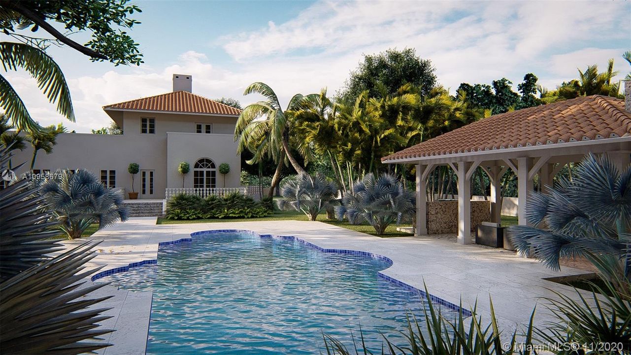 Pool with actual house and pool house rendering