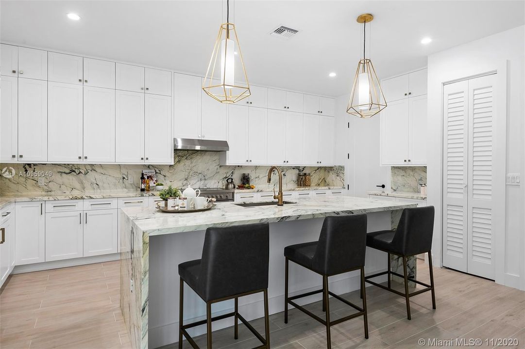 Brescia Capraia polished marble waterfall island