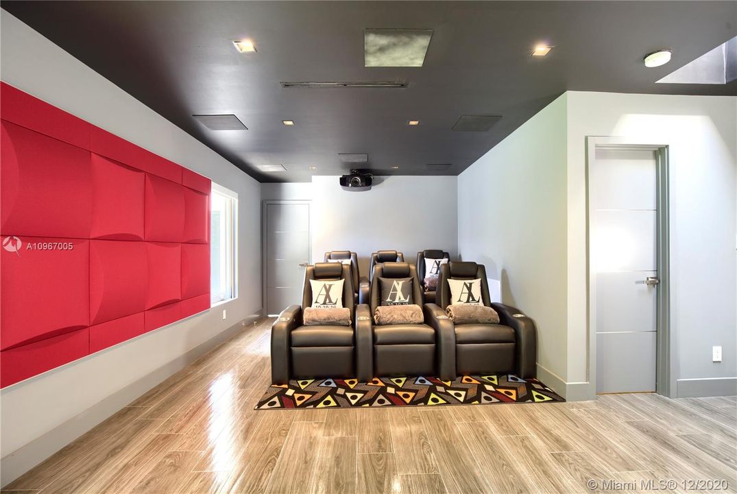 Media room with leather theatrical chairs, 133" Stewart film screen, Sony projector, 11.2 Triad surround sound Triad speaker system, Apple TV.