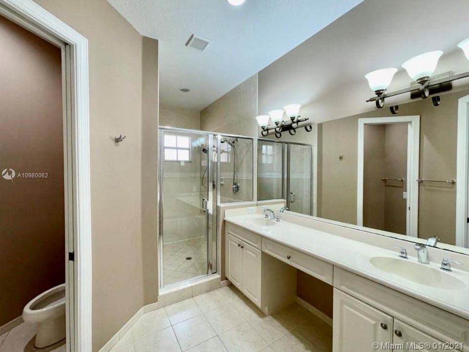 Master bathroom with large double shower.