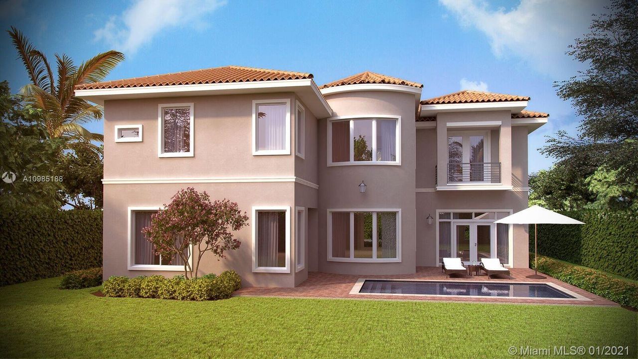 RENDERING OF EXTERIOR REAR.  POOL SHOWN IS AN OPTIONAL UPGRADE AND NOT INCLUDED IN THE BASE PURCHASE PRICE.