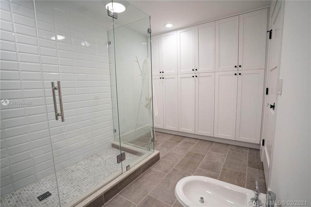 Master bathroom showcases frameless shower with wall to wall brand new cabinets, Kohler toilet and bidet Grohe Faucets, Porcelanosa Tiles, solidwood doors with trim combined glass doorknobs and modern baseboards.