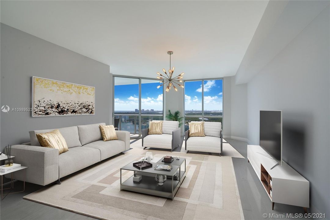 Furniture not included. This is a virtual staging to show possible layout options and help buyers visualize the space.
