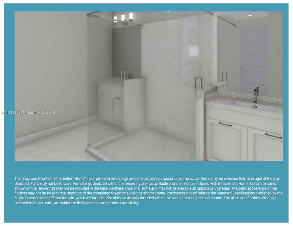 14 South Townhomes Rendering. Master bathroom, dual vanities with glass surround shower.