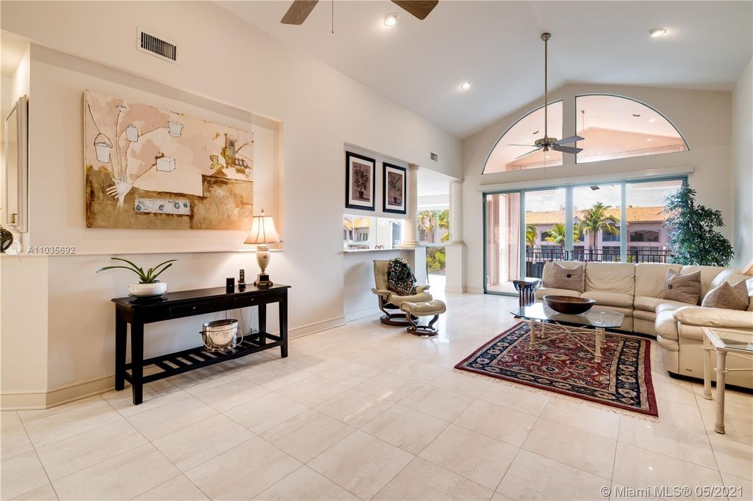 Great room with volume ceilings