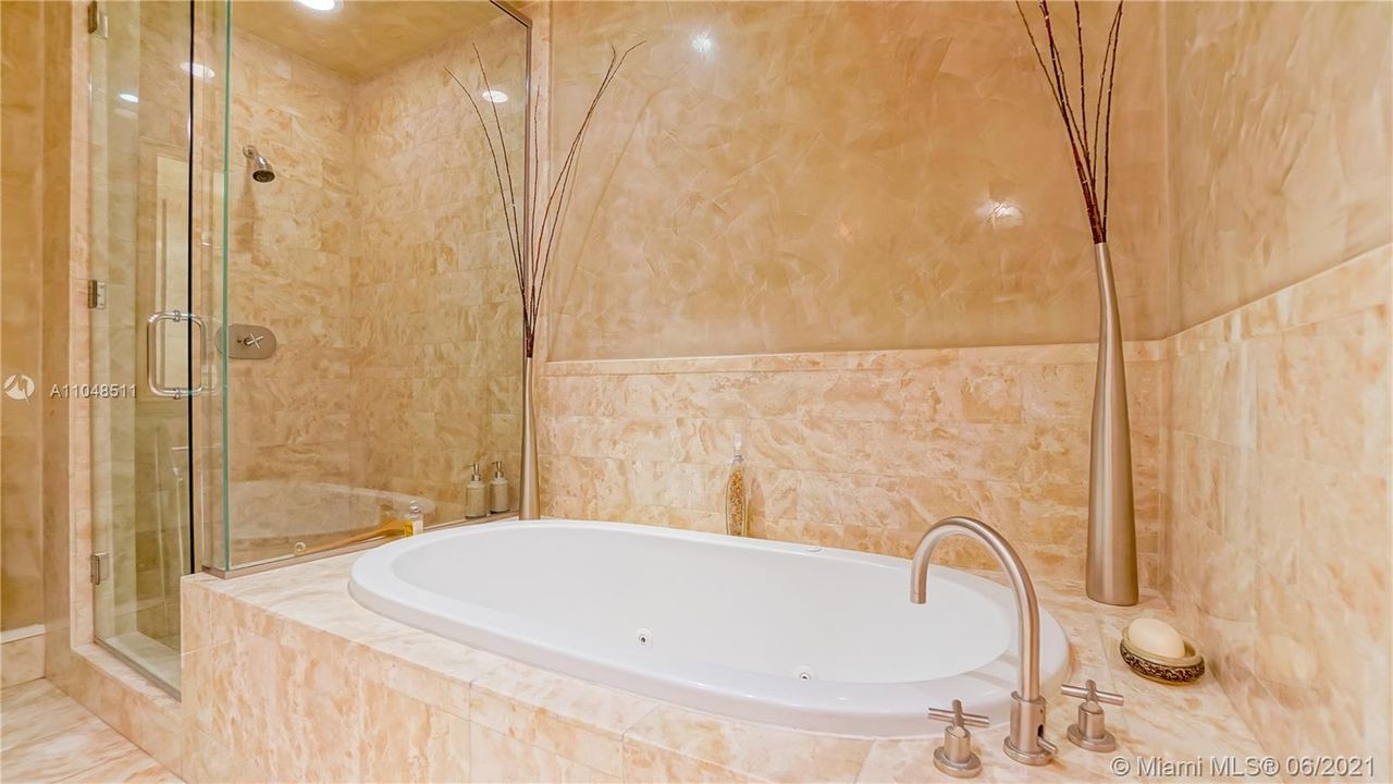 Elegant master bathroom with soaking tub and shower