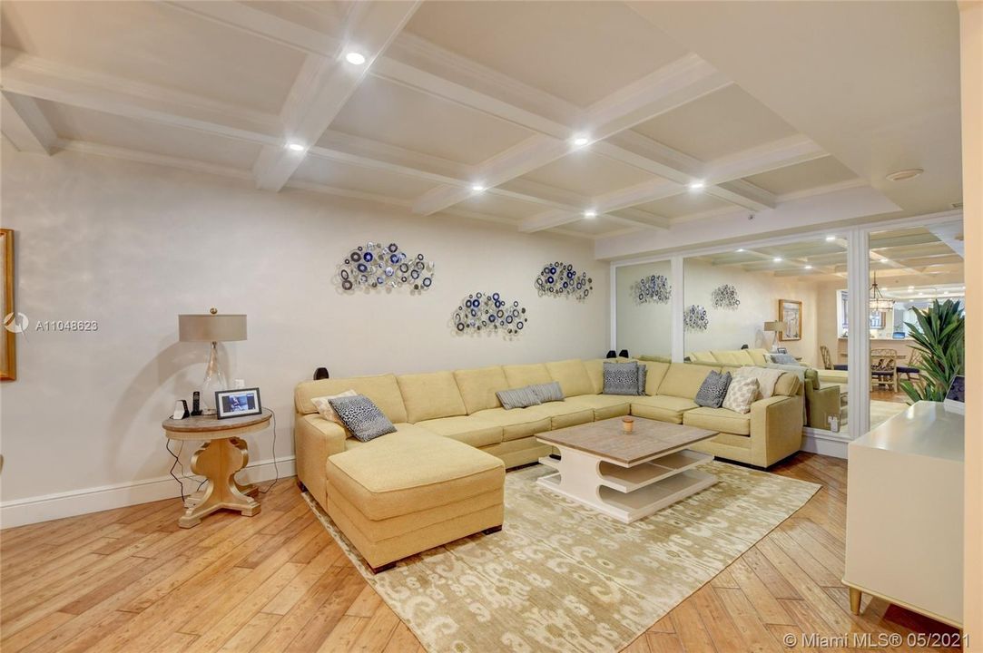 Spacious Family Room light and bright with coffered ceilings