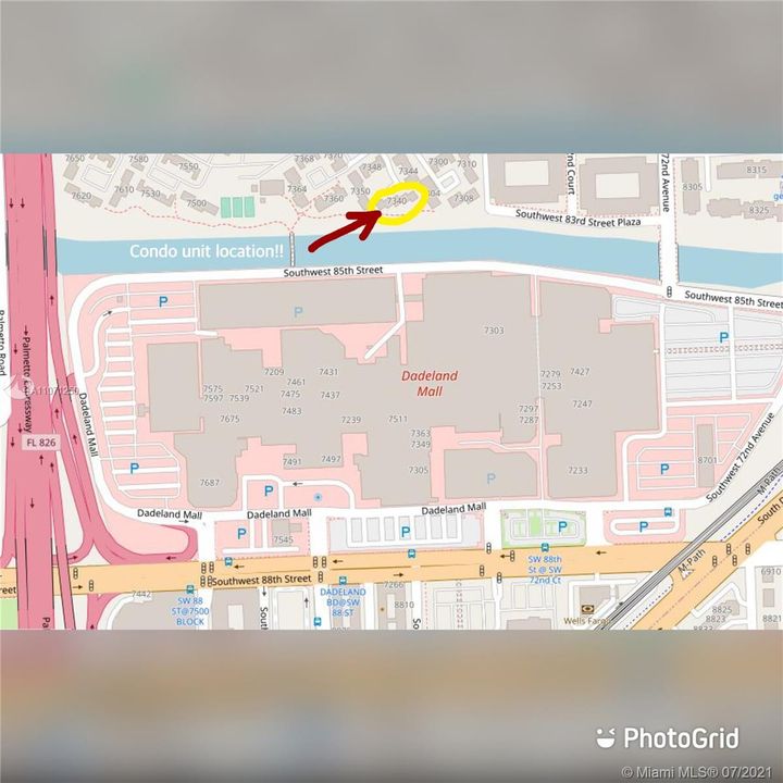 Circled in yellow, marked by the red arrow, is the condo location. Cross over the pedestrian bridge and you are in one of the landmark malls and entertainment in Miami.