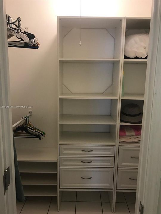 Walk-in closet with drawers and wood cabinets