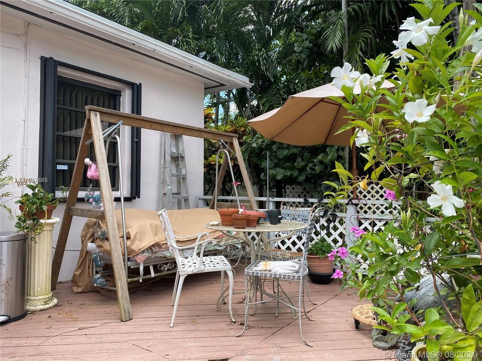 Wood deck in backyard.