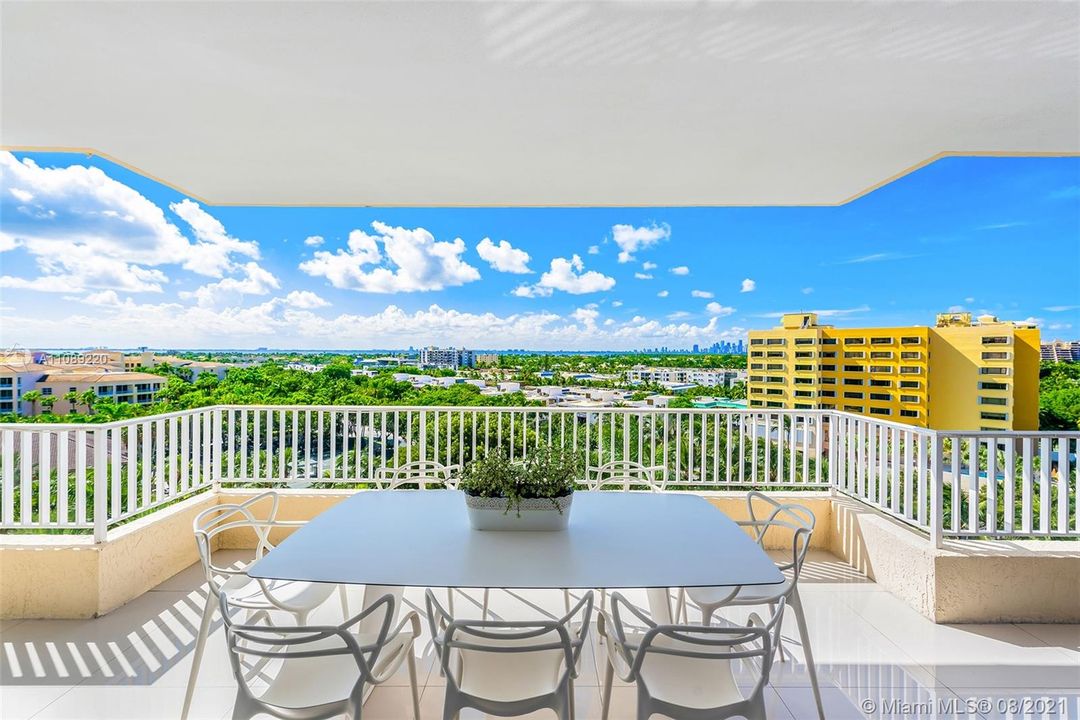 large East -facing balcony with views of KB and Biscayne Bay