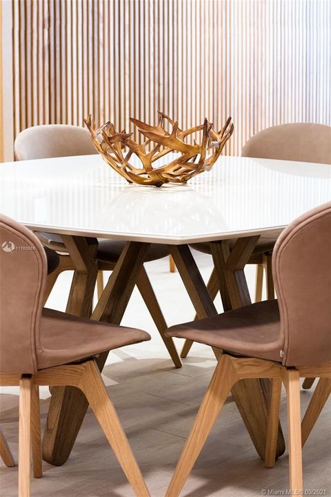Wood and taupe glass lacquered dining table + leather suede and wood chairs