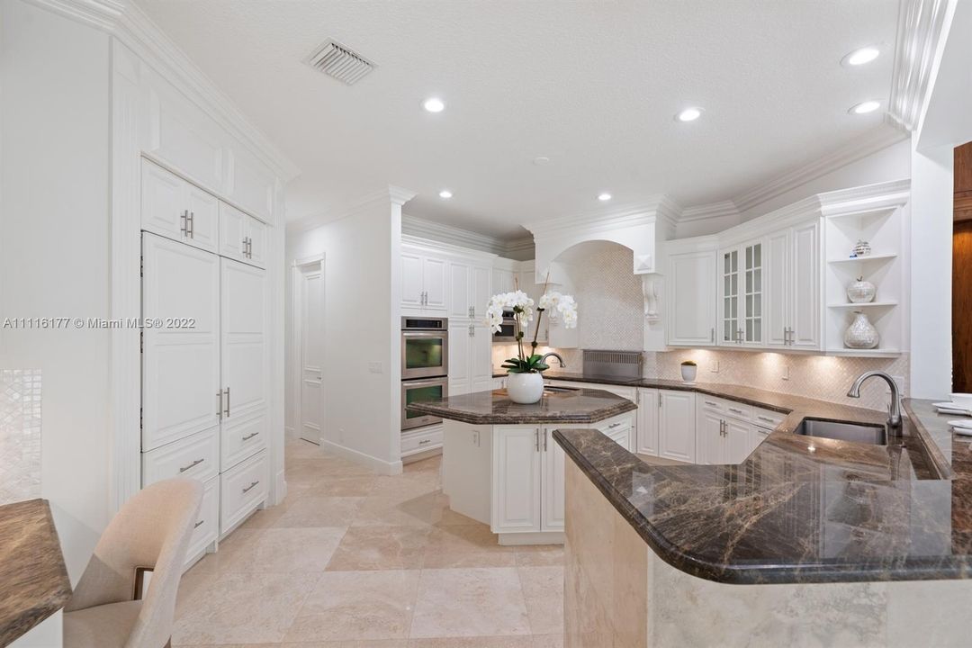 Lovely Kitchen with Built-in Sun Zero with Pull-out Drawers, Island with vegetable sink, Double Oven,builtin Microwave, Pantries, Themador Cooktop with down draft and deep large sink Over looking the Family Room