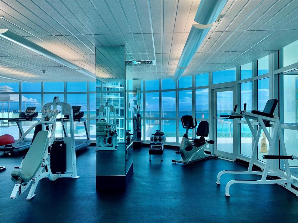 Gym overlooking the bay on roof level