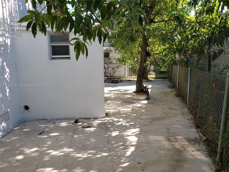 Back patio fenced, cemented with Mango tree, view of outside utility.